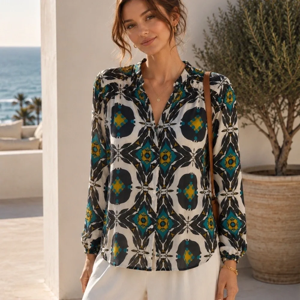 Anthropologie Exquise Button Down Shirt 4 Multi Geometric Kaleidoscope Print - Picture 1 of 15